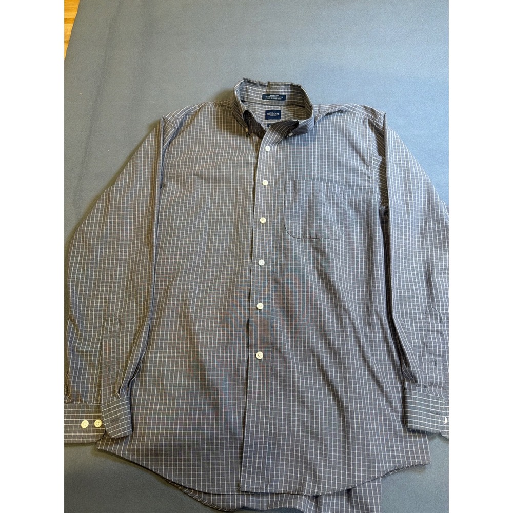 Arrow Mens Button Down Shirt M 15-15.5 Grey Grid Check Wrinkle Free Long Sleeve